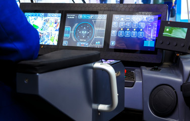 modern driver's cab of tram display to control the depth of field blur