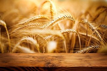 Golden ears of wheat with wooden table