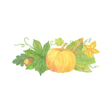 Original hand drawn watercolor pumpkins and leaves for autumn celebrations, isolated objects on the white background, clipart useful for halloween party decoration