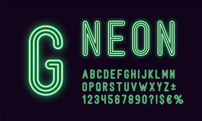 Neon rounded alphabet, Green color. Outlined Font