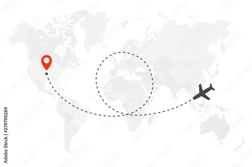 Poster airplane trip. air plane flight route with start point and loop line trace. plane icon over world ma