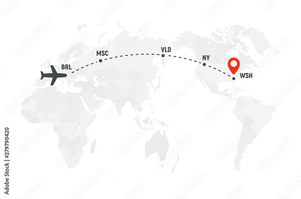Poster airplane line path. air plane flight route with start point and dash line trace. plane icon over wor
