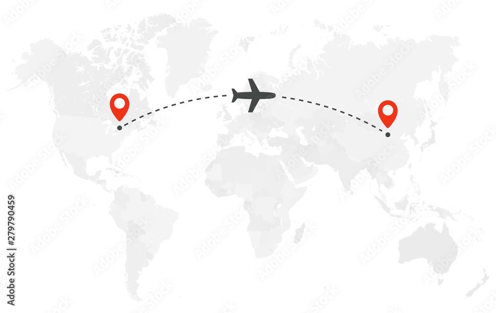 Poster airplane line path. air plane flight route with start point and dash line trace. plane icon over wor