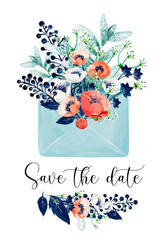 Invitation card with hand-drawn blue paper envelope, red and white anemones, mint leaves, blue berries