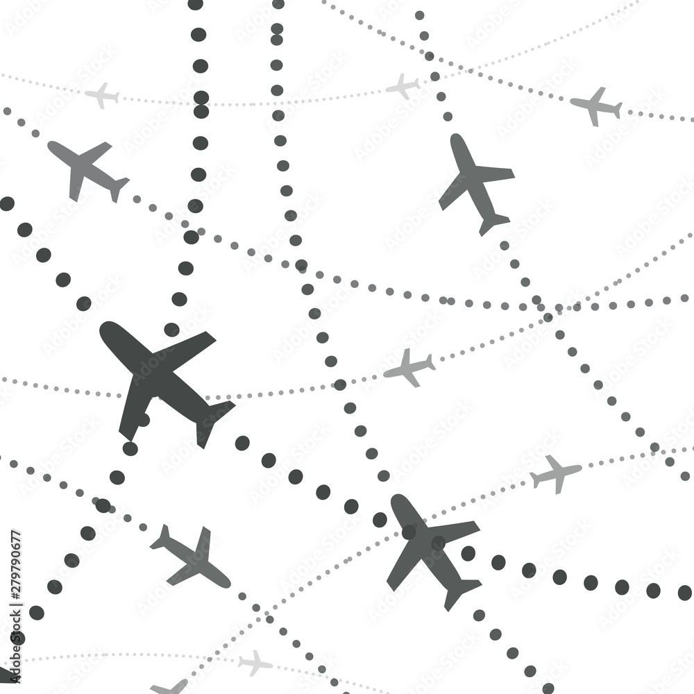 Poster airplanes pattern. planes with dotted path direction. avia trip background concept. vector illustrat
