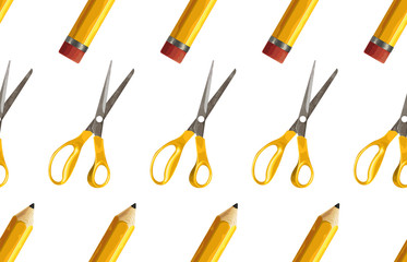 Seamless pattern of yellow pencil and pair of scissors.