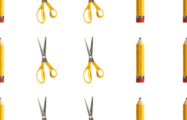 Seamless pattern of yellow pencil and pair of scissors.