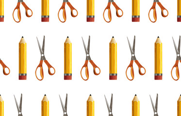 Seamless pattern of yellow pencil and pair of scissors.