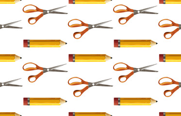 Seamless pattern of yellow pencil and pair of scissors.