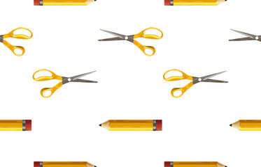 Seamless pattern of yellow pencil and pair of scissors.