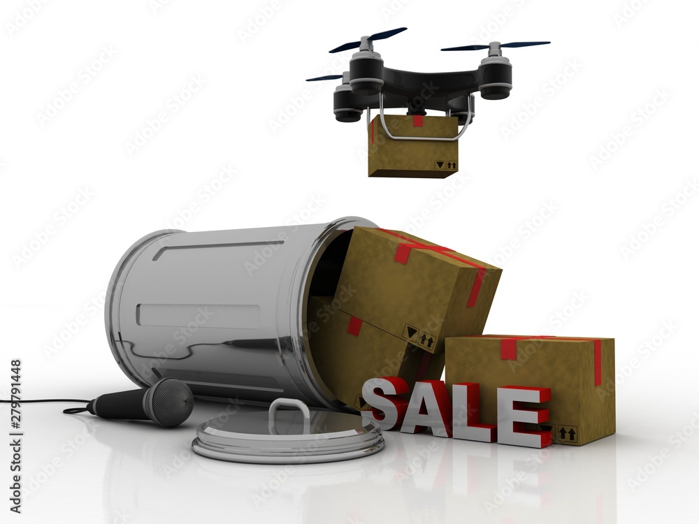 Poster 3d rendering drone or helicam with camera near card box