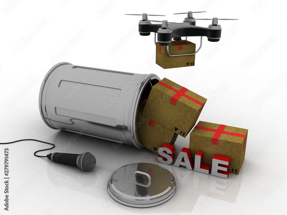 Poster 3d rendering drone or helicam with camera near card box