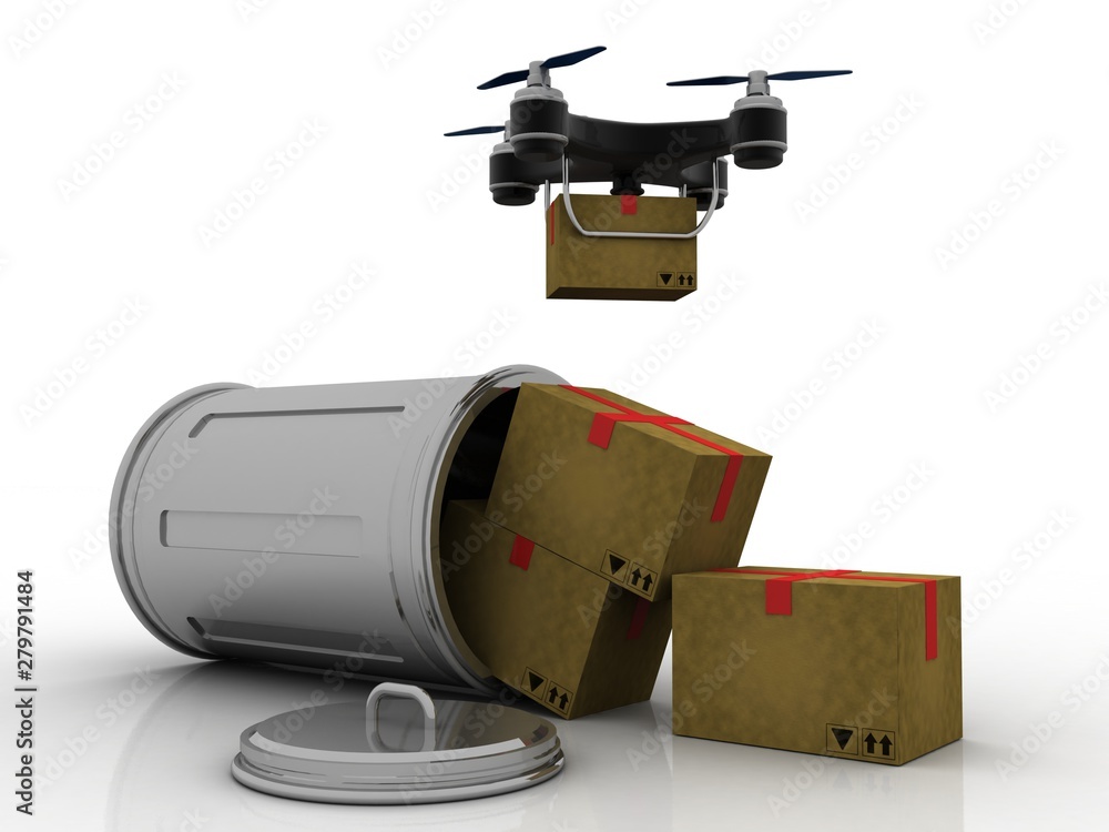 Poster 3d rendering drone or helicam with camera near card box