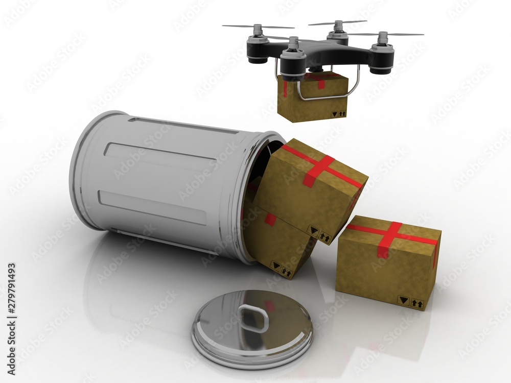 Poster 3d rendering drone or helicam with camera near card box