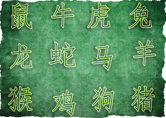 Chinese elements of the zodiac, hieroglyphs tiger, ox, dragon, snake, rabbit, rat, horse, monkey, sheep, rooster, pig, dog. Kind of old paper background with torn edges