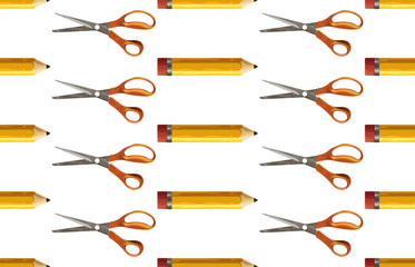 Seamless pattern of yellow pencil and pair of scissors.