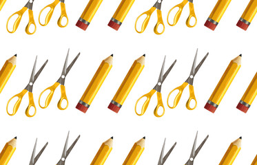 Seamless pattern of yellow pencil and pair of scissors.