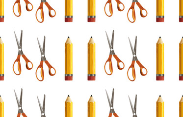 Seamless pattern of yellow pencil and pair of scissors.