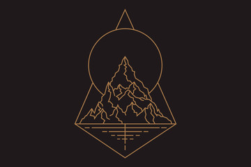 Beautiful vector illustration with nature landscape - mountains, sunbeams sun and river. Tattoo art. Infinite space, symbols of meditation, travel, tourism.