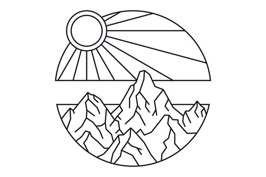 Beautiful vector illustration with nature landscape - mountains, sunbeams sun and river. Tattoo art. Infinite space, symbols of meditation, travel, tourism.