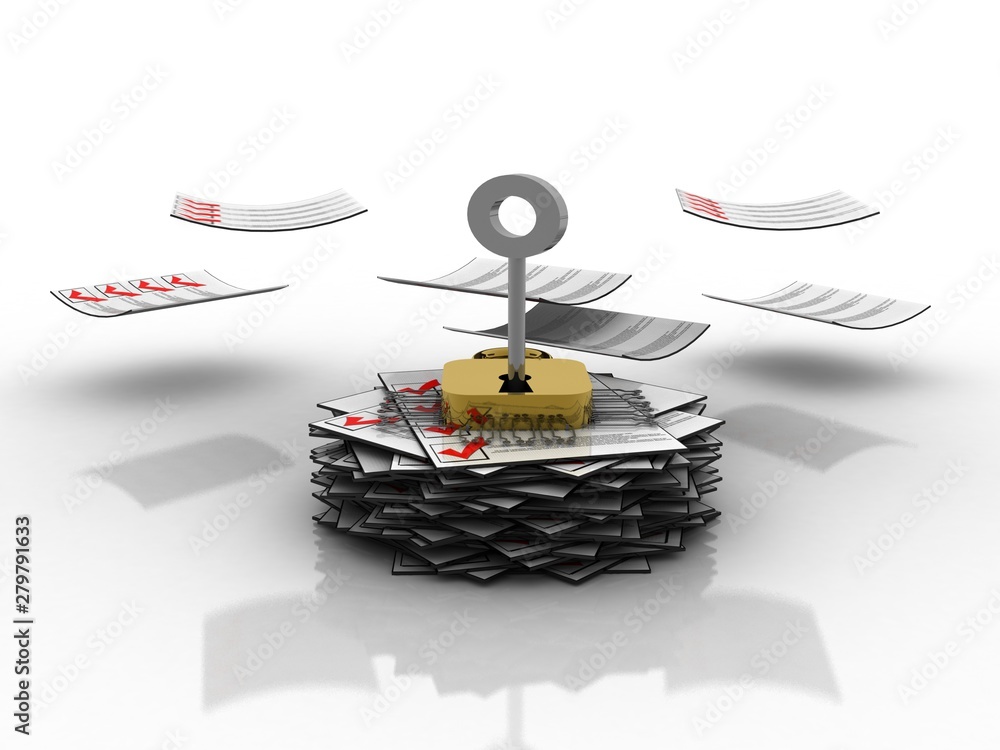 Poster 3d rendering key in lock on documents