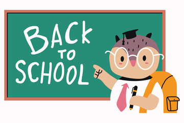 Cute owl near the blackboard. Back to school vector cartoon illustration isolated on white background.