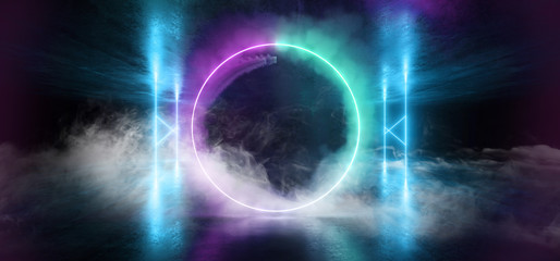 Smoke Futuristic  Sci Fi Laser Neon Shapes Glowing Light Vibrant Purple Blue Stage NIght Club Background Grunge Concrete Dark Tunnel Hall Corridor Garage Fashion Party Reflective 3D Rendering