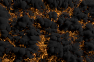 Flames on background and dense smoking clouds above the glowing fireplace - fire 3D illustration