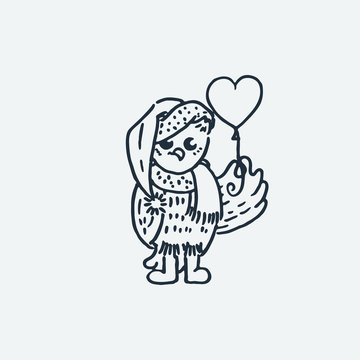 Cute owlet with balloon. Cartoon hand drawn vector illustration
