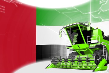 Agriculture innovation concept, green advanced rural combine harvester on United Arab Emirates flag - digital industrial 3D illustration