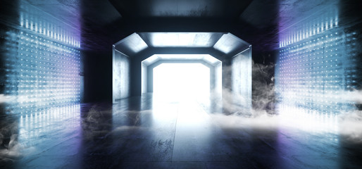 Smoke Retro Modern Futuristic Blue Sci Fi Vibrant Neon Light Shapes Laser Beams Grunge Concrete Reflective Tunnel Corridor Hall Garage Underground 3D Rendering
