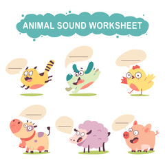 Animal sound worksheet vector cartoon set isolated on a white background.