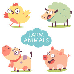 Cute farm animals. Funny cow, pig, sheep and chicken character vector cartoon set isolated on a white background.