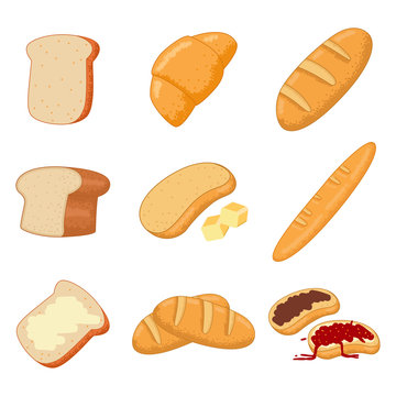 Bread and pastries vector cartoon set isolated on a white background.