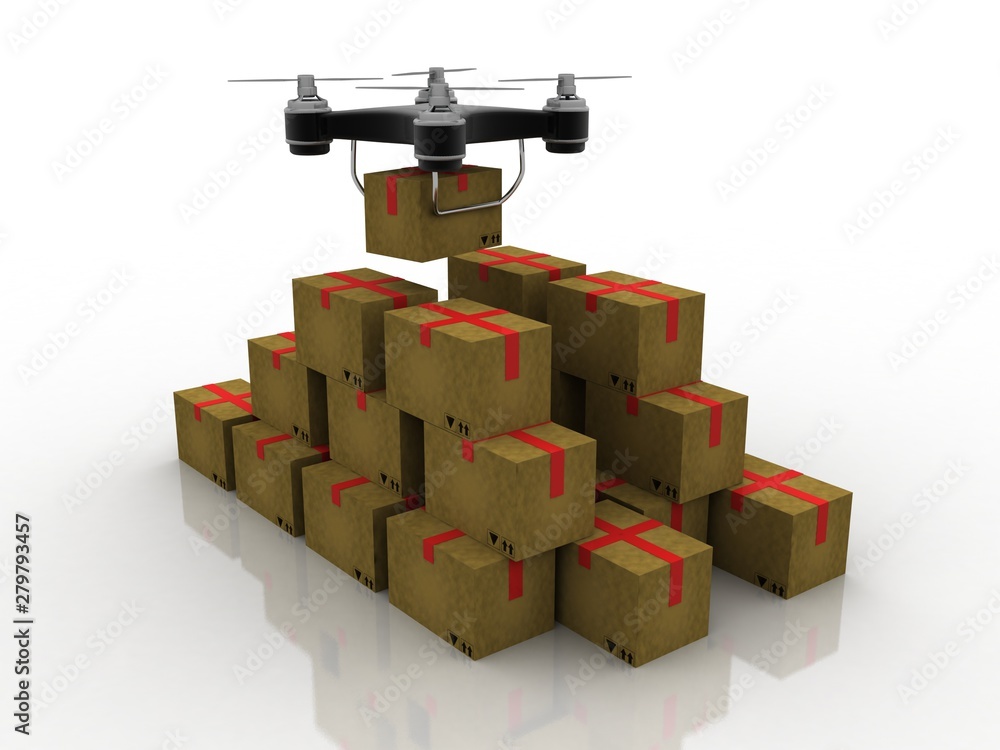 Poster 3d rendering drone or helicam with camera near card box