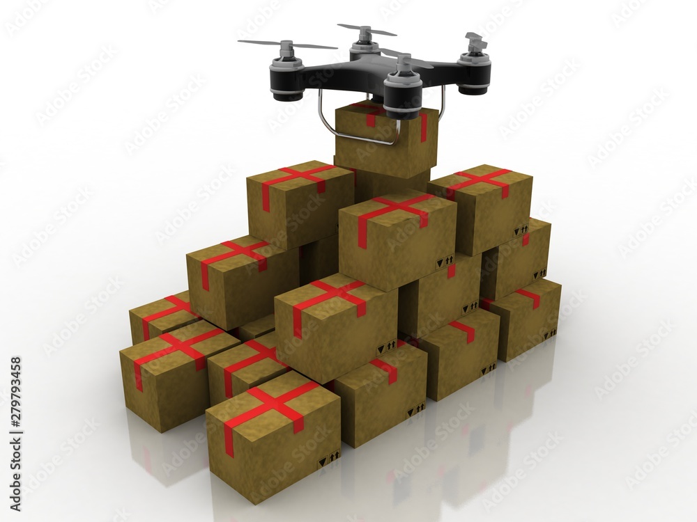Poster 3d rendering drone or helicam with camera near card box