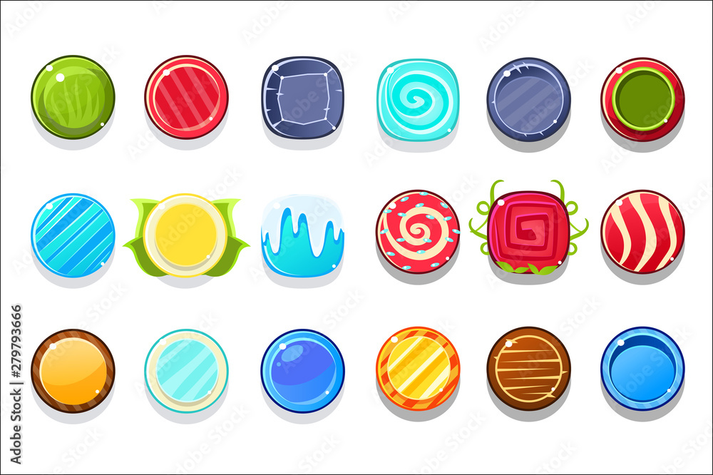 Aufkleber colorful candy flash game element templates design set with round sweets for three in the row type o
