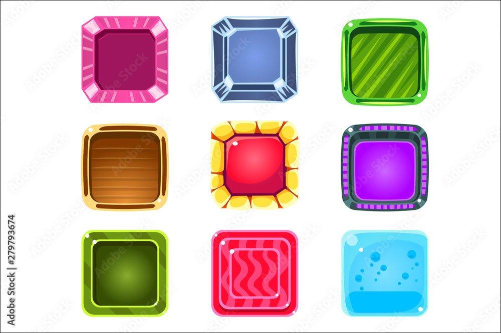 Aufkleber colorful gems flash game element templates design set with square candy for three in the row type of