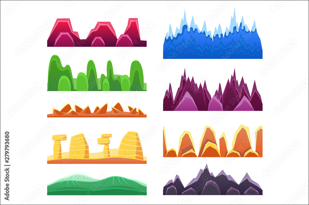 Poster alien mountains and colorful desert landscaping seamless background patterns for 2d platformer game 