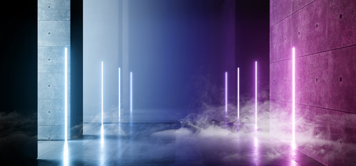 Smoke Futuristic  Sci Fi Laser Neon Shapes Glowing Light Vibrant Purple Blue Stage NIght Club Background Grunge Concrete Dark Tunnel Hall Corridor Garage Fashion Party Reflective 3D Rendering