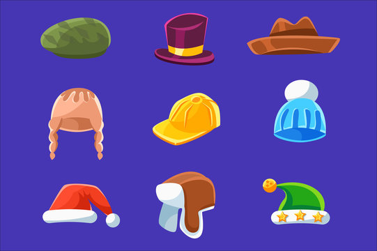 Different Types Of Hats And Caps, Warm Classy For Kids Adults Set Cartoon Colorful Vector Clothing Items