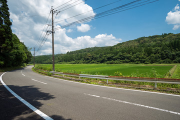 緑の田園地帯をバックに道路