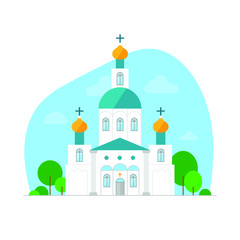 Christian Church with domes and crosses. Against the blue sky and clouds. Nearby there are trees and shrubs. Flat vector on white background.