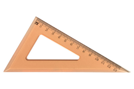 Orange plastic triangle ruler isolated on white