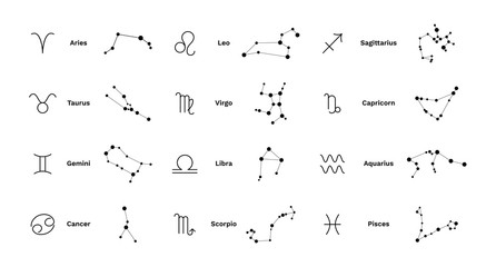 Zodiac constellation signs set. Horoscope astrology line stylized symbols, tattoo design. Vector collection of all 12 zodiacal constellations - obrazy, fototapety, plakaty
