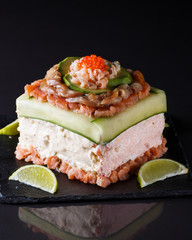 Piece of traditional savory swedish sandwich cake Smorgastorta