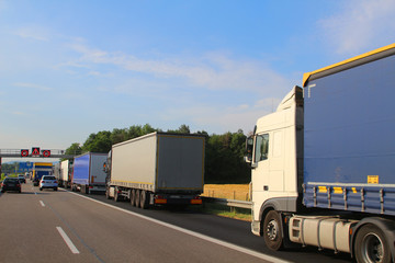 Lorry jam before customs clearance at the border Germany - Switzerland - obrazy, fototapety, plakaty