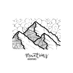 Mountain adventure. Hand drawn grunge label with mountains