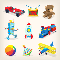Set of colorful retro toys for children. Isolated vector illustrations for cards, books or posters.