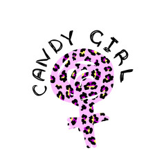 T-shirt print with word Candy girl and symbol woman gender pink leopard textured. Fashionable design for t-shirt.